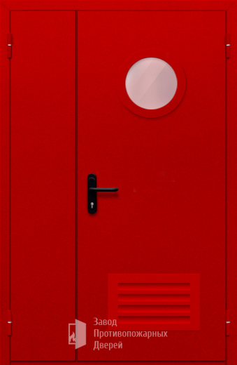 Фото двери «Полуторная с круглым стеклом и решеткой (красная)» в Котельникам